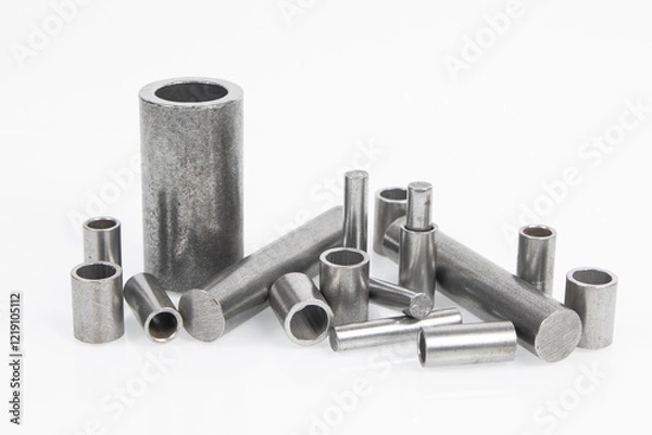 Fototapeta Mechanical engineering and metalworking. Metal parts rollers and bushings on white background.