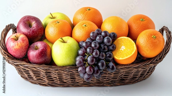 Fototapeta A Wicker Basket Filled With A Mix Of Apples, Oranges, And Grapes