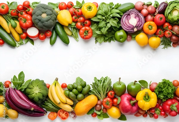 Fototapeta Colorful Fruits and Vegetables Layout on White Background – Perfect for Healthy Food Concepts
