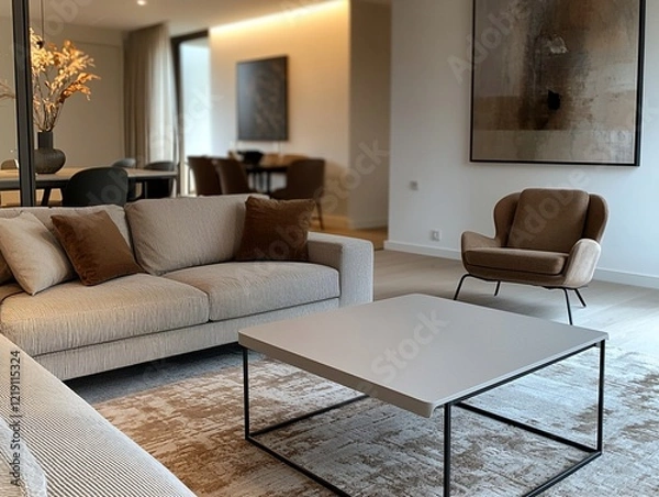 Fototapeta A modern minimalist interior design of a residential living room with a sofa and table and a dining room in view. Generative AI
