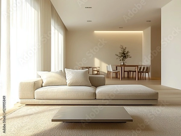 Fototapeta A modern minimalist interior design of a residential living room with far-flung views of a danning room and sofa and table. Generative AI
