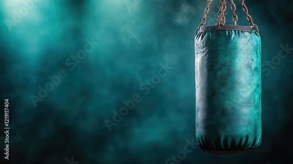 Fototapeta A mesmerizing image of a stylish teal boxing bag hanging in a captivating atmosphere, evoking strong feelings related to fitness, determination, and artistry.