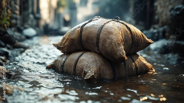 Fototapeta Two burlap sacks tied with rope float in a shallow stream.