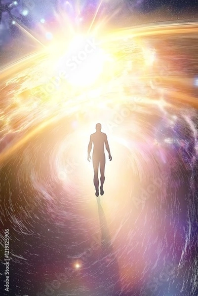 Fototapeta Journey to the Light: A solitary figure walks towards a brilliant light, symbolizing enlightenment, hope, and the journey of self-discovery within a cosmic and ethereal space. 