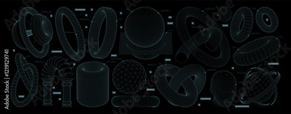 Fototapeta Collection wireframe shapes. High and low poly torus, 3D geometric shapes. Vector blanks for a poster, banner, business card, sticker