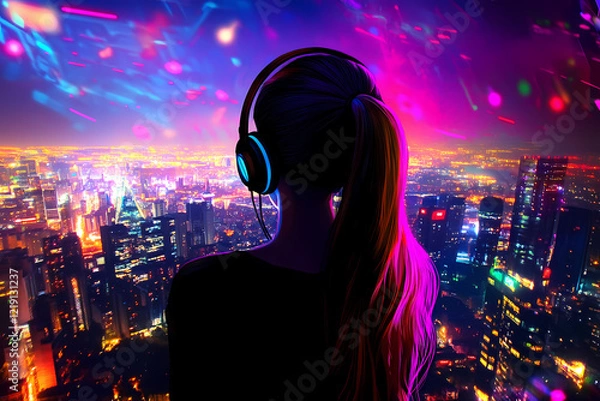 Fototapeta A young girl with headphones overlooking the city