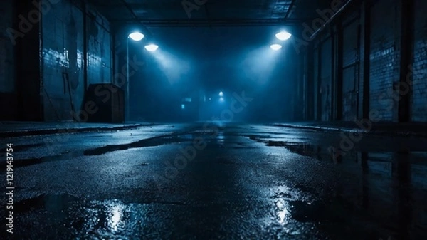 Fototapeta Dark street, wet asphalt, reflections of rays in the water. Abstract dark blue background, smoke, smog. Empty dark scene, neon light, spotlights. Concrete floor