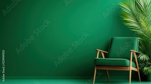 Fototapeta This image features a modern green chair set against an artistic green background, providing a striking visual composition that exudes style and contemporary aesthetics.