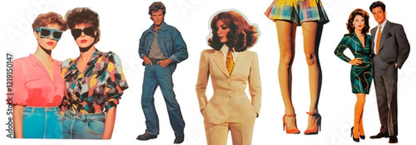 Fototapeta Retro Fashion Collage – Vibrant 1980s Style Featuring Denim, Bold Patterns, Power Suits, and Iconic Looks from the Golden Era of Glamour and Sophistication.