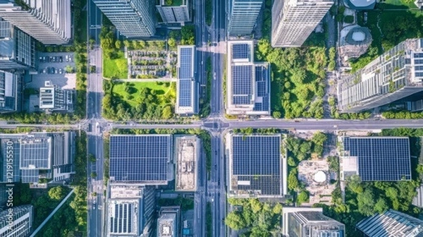 Fototapeta Net zero carbon policy. Aerial view of a modern urban area featuring high-rise buildings, green spaces, and solar panels on rooftops.