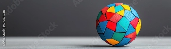 Obraz A colorful, geometric puzzle ball rests on a flat surface, showcasing vibrant pieces in blue, red, yellow, and green against a dark background.