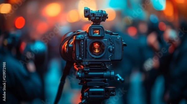 Fototapeta DSLR camera on tripod filming a blurred crowd at night.
