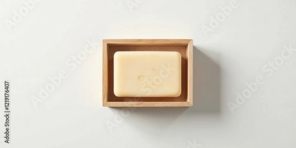 Fototapeta A rectangular bar of creamy soap rests gently within a light-colored wooden soap dish, a simple yet elegant presentation on a clean white background.