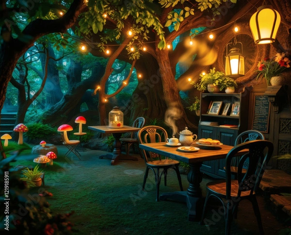 Fototapeta Enchanted forest cafe illuminated by fairy lights, complete with cozy tables and whimsical mushroom decor