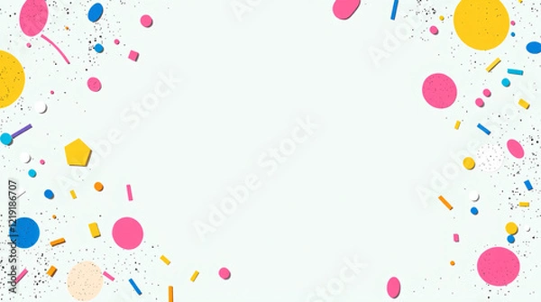 Obraz A confetti background with yellow, pink, and blue shapes against a white background provides a festive frame. This is likely a decorative element on a website page.