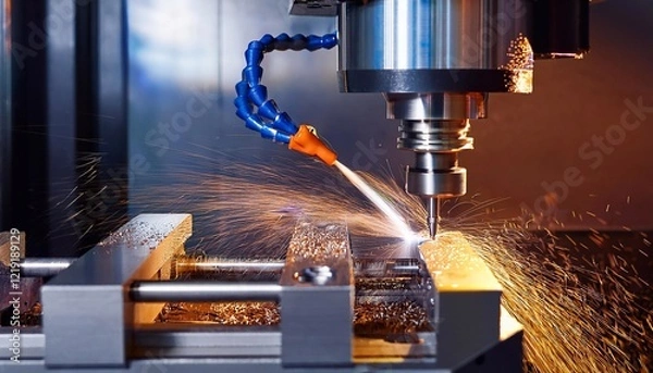 Fototapeta CNC milling machine processing on steel with cooling