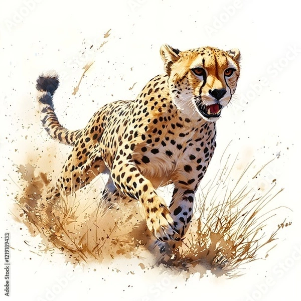 Fototapeta Cheetah sprinting through grasslands in africa wildlife dynamic action scene vibrant colors