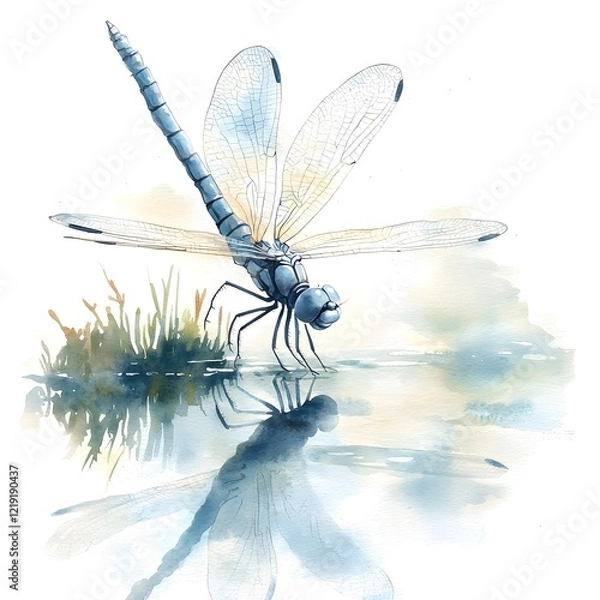 Fototapeta Dragonfly reflection on calm water nature scene watercolor artwork tranquil environment close-up view serenity concept