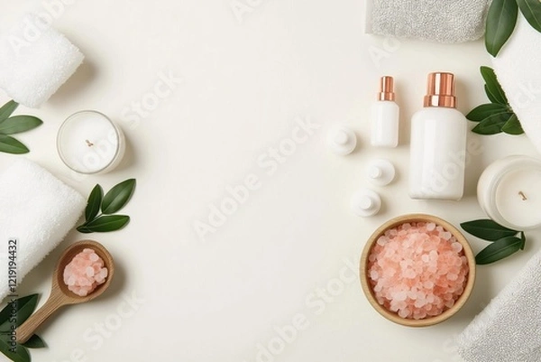 Fototapeta Spa accessories arranged on white background. White towels, candles create serene ambiance. Cosmetic bottles, pink Himalayan salt in wooden bowl suggest body care products. Layout ideal for beauty