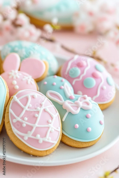 Fototapeta Close-up of colorful Easter cookies shaped like eggs and bunnies, decorated with pastel icing, placed on a white plate complemented by lovely floral accents