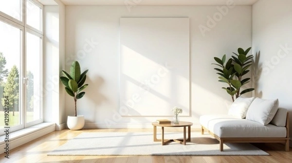 Fototapeta Serene Minimalist Living Room with Sunlight Streaming Through Large Window and Blank Canvas