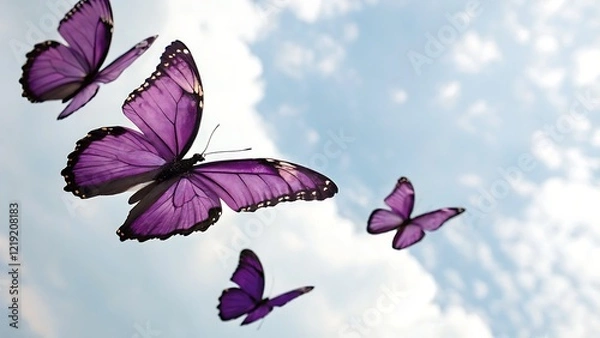 Fototapeta Purple butterflies in motion, isolated on a white background, perfect for fantasy, nature, or artistic designs.