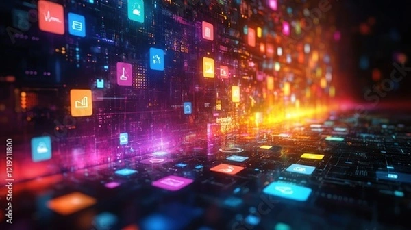 Obraz Digital app icons flow, glowing network, futuristic data visualization, tech background, website banner