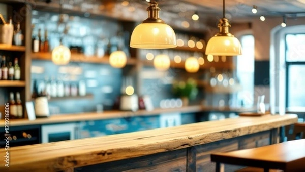 Obraz Bar counter, warm lighting, pendant lamps, blurred background, liquor bottles, cozy atmosphere, wood grain, depth of field, soft focus, inviting ambiance, restaurant interior, rustic decor, golden hou