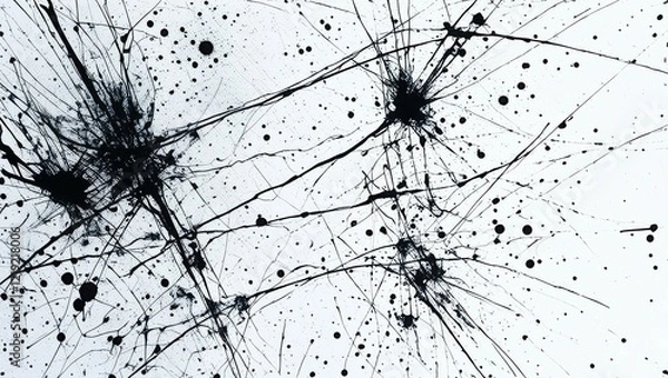 Fototapeta Abstract ink splatter, explosive black paint, dynamic splatters, chaotic lines, monochromatic artwork, high contrast, minimalist composition, white background, fluid dynamics, Rorschach test inspired,