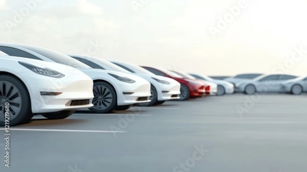 Obraz Many electric cars are neatly parked in a row at a dealership, showcasing the latest in automotive technology and sustainable transportation