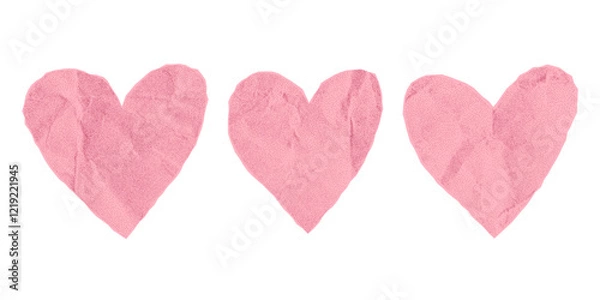 Fototapeta Set of pink paper hearts on white background, collage elements with gritty texture of crumpled paper, jagged edges, love and romance, cute halftone stickers.