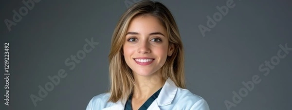 Obraz Professional Female Doctor in White Coat Smiling Confidently Against a Neutral Gray Background, Symbolizing Healthcare and Medical Expertise