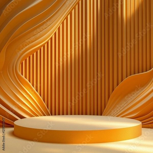 Fototapeta Golden podium for product presentation with flowing fabric and textured decor 
