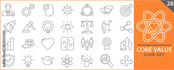 Fototapeta Set of icons core values. vector images with editable stroke. Includes passion, diversity, exceptional, innovative, accountability, will to win, empathy.