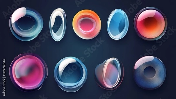 Fototapeta Colorful abstract glossy shapes; design elements; dark background; graphic design resource