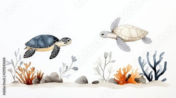 Obraz Colorful Sea Turtles Swimming Among Coral and Marine Plants in Gentle Ocean Environment