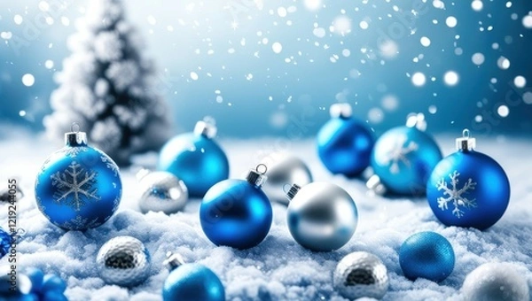 Obraz Christmas ornaments, blue and silver baubles, snow, winter scene, soft focus, bokeh lights, festive atmosphere, holiday decorations, cold color palette, glitter, shiny surfaces, macro photography, sha