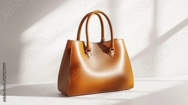 Fototapeta A high-end leather handbag with gold accents, placed on a white surface with a soft shadow