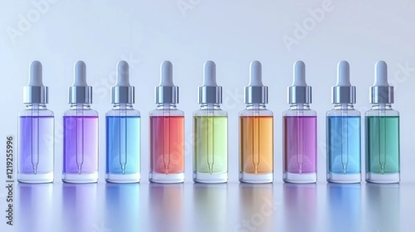 Fototapeta A set of skincare serum bottles with pipettes, placed on a white background with delicate lighting, on a white isolated background