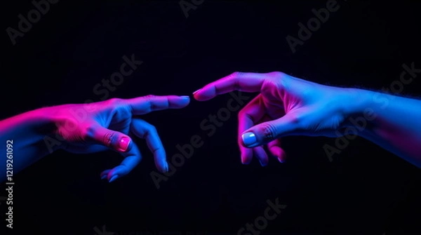 Fototapeta Two hands reaching with vibrant neon blue and pink lights against a dark backdrop. . It is suitable for projects that utilize abstract art, tech imagery, or convey themes of interaction and touch.