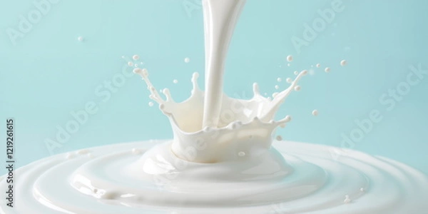 Fototapeta Fresh milk pouring creates dynamic splash against a soft blue background. The concept is of freshness, health, food, and liquid movement for food and beverage, health, and lifestyle-related content