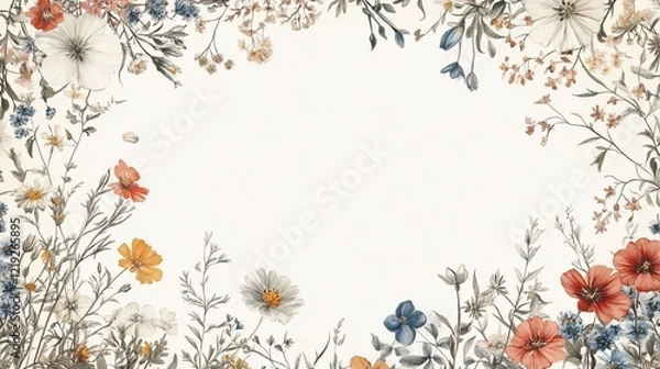 Fototapeta Watercolor floral frame with blank center for text or design.