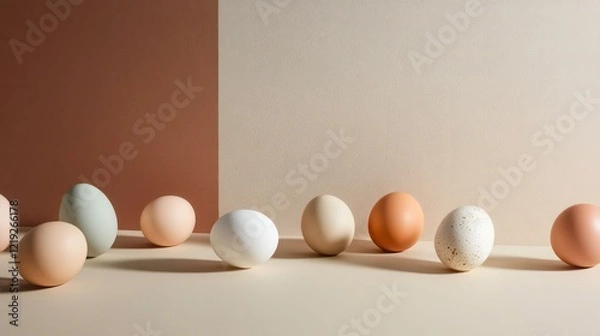 Fototapeta Assorted colorful eggs arranged on a beige surface against a two-toned background.