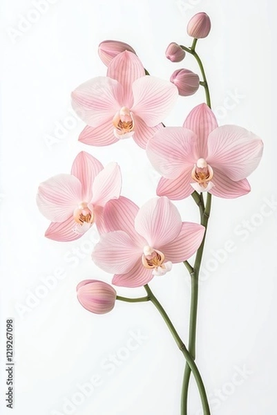 Fototapeta Delicate pink orchids bloom against white backdrop. Close-up view shows beauty, intricate details of flower petals. Elegant, isolated arrangement highlights soft color palette. Perfect image for