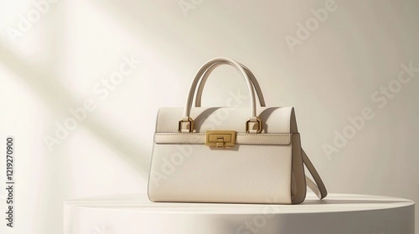 Fototapeta A stylish designer handbag with gold accents, placed on a white table, on a white background