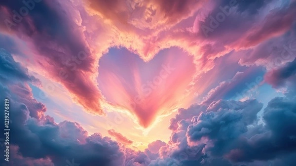 Fototapeta Mesmerizing Heart-Shaped Cloud Formation in Vivid Colors at Sunset Over the Sky and Horizon