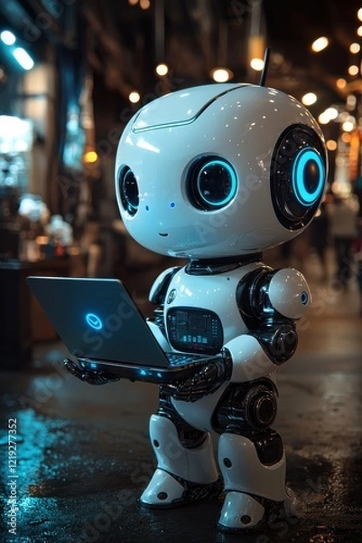 Fototapeta Adorable White Robot Using Laptop in a Futuristic Urban Setting