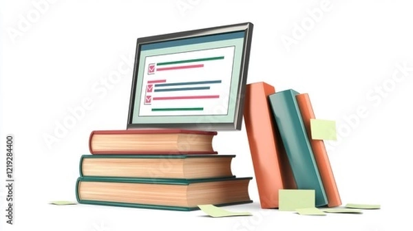 Fototapeta Stack of Books with a Laptop Showing Checklists and Sticky Notes, Symbolizing Learning and Education