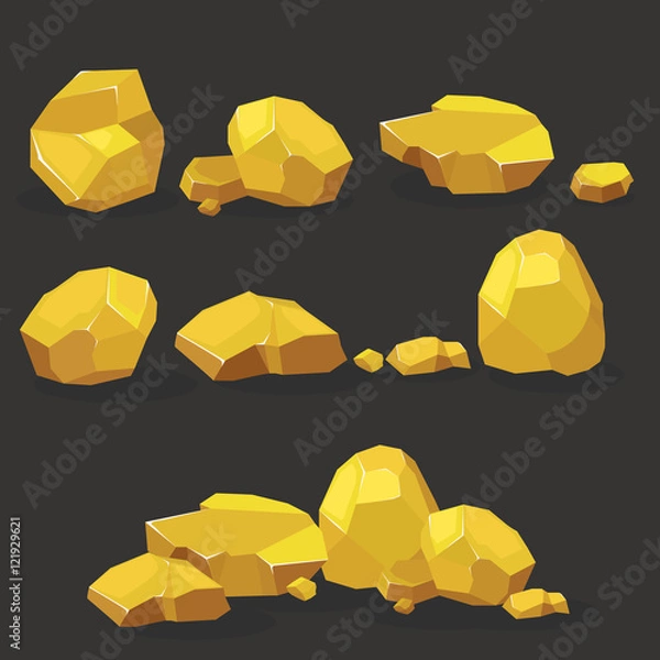 Fototapeta Gold rock,nugget set. Stones single or piled for damage and rubble for game art architecture design