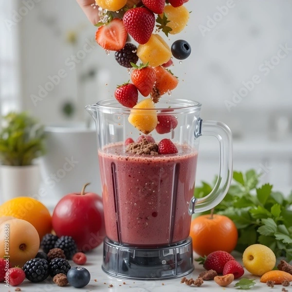 Fototapeta Fruits falling into smoothie blender